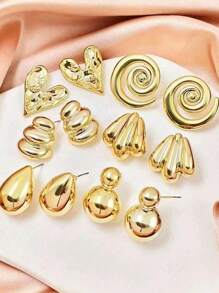6 Pairs/12pcs Set New European & American Fashion Gold Color Stud Earrings, Gift For Women & Girls, Daily, Party, Travel