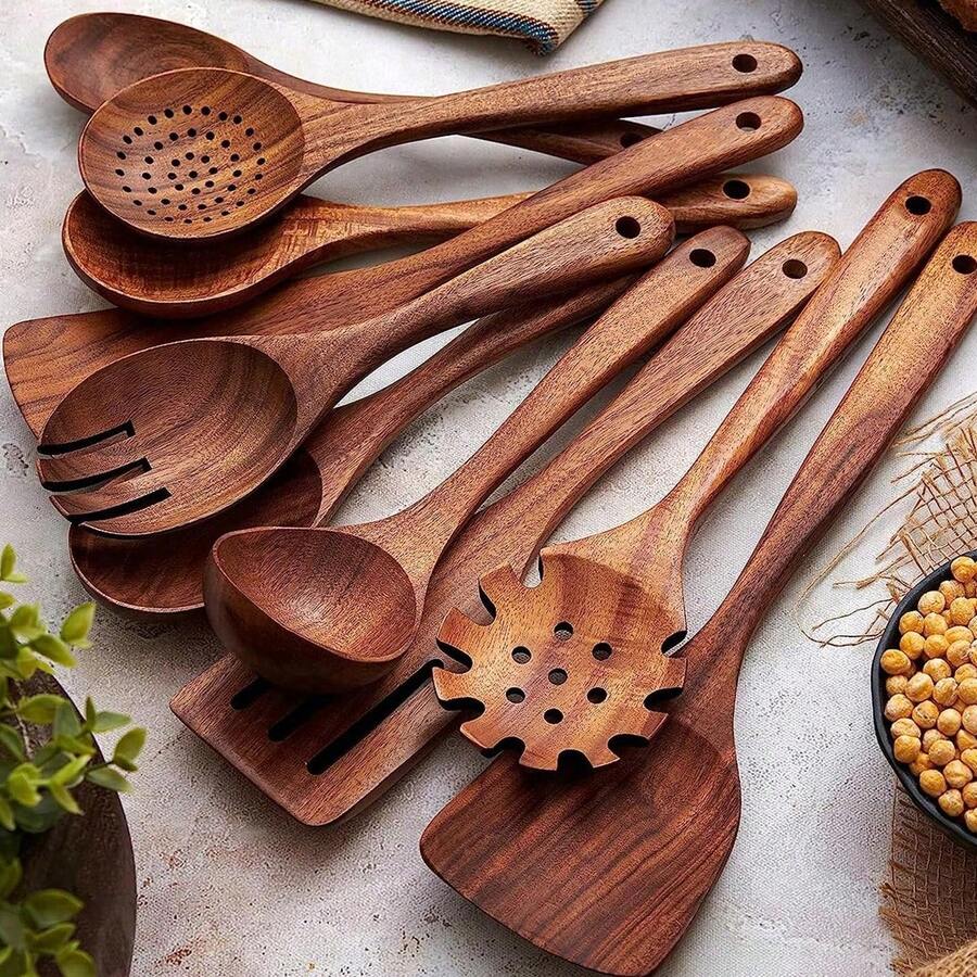 Elegante juego de vajilla de madera - Herramientas de cocina con estilo para cocinar y servir, perfecto como regalo para el Día de la Madre, Acción de Gracias, Halloween, Pascua, Navidad, artículos esenciales de cocina para días festivos | Cucharas de madera de moda | Utensilios de cocina resistentes, regalos de Halloween - Marrón - Ver 1