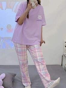 Teenager Girls Short Sleeve Top And Pants Set, Cartoon Rabbit Print Crew Neck Summer Outfit