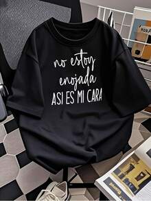 Playera informal de verano para mujer con estampado de humor, cuello redondo, manga corta, 100 % algodón, 220 g de algodón grueso. - Negro - Ver 2