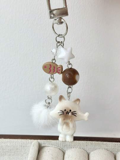 قلادة مفاتيح قطة تأكل السمك بتصميم كوري جديد وجذاب للجنسين، قلادة مفاتيح كرة صوف نجمية بشكل سمكة كرتونية، تميمة للهاتف أو الحقيبة أو السيارة، هدية لحفلات الأعياد والمناسبات، إكسسوارات سيارة، طراز جوث وY2K