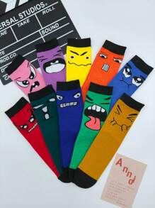 3 Pairs Random Color Block Funny Expression Street Fashion Mid-Calf Socks For Women, Style For Students And Couples