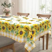 1pc Round & Rectangular Tablecloth - Orange Buffalo Plaid Sunflower & Daisy Floral Pattern, Durable Polyester Woven Fabric, 60x60, 55x70, 60x86 Inch, Spring Summer June Festival Party Picnic Dinner Kitchen Dining Room Indoor Outdoor Decor, Buffalo Plaid Table Decoration, Holiday Dining Table Accessory, Woven Textile