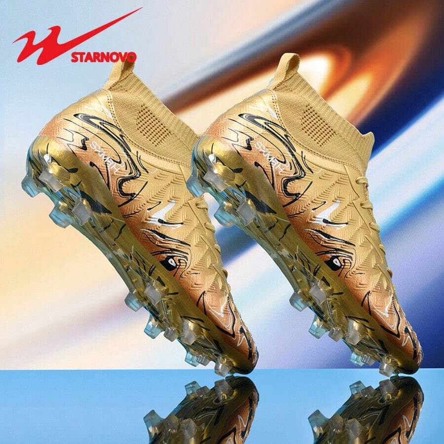 STARNOVO Dual Star Soccer Cleats, Unisex Outdoor Sports Spikes Suitable For Soccer/Baseball, Artificial Turf And Natural Grass, Non-Slip, Comfortable, Leather, Multiple Colors Available, High-Top Professional Soccer/Youth World Cup Soccer Shoes, Lowest Price - 金色 - 查看 1