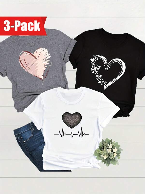 3pcs/Set Women Casual Heart Print Short Sleeve Crew Neck Fitted T-Shirt, Basic Heart-Printed Style For Spring & Summer