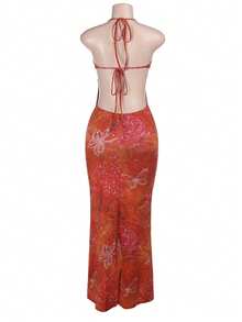 女士性感印花度假连衣裙，适合派对、海滩、旅行、夏季 - 橘色 - 查看 7