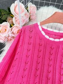 1 peça blusa feminina leve de verão, manga curta, vazada, floral, de malha, minimalista e respirável - Rosa rosa - Ver 4
