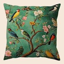 1 buah Sarung Bantal Beludru Lembut Motif Burung Hijau Gaya Cina - Ukuran 17,7*17,7 Inci, Cetak Satu Sisi, Penutup Resleting - Cocok untuk Sofa dan Dekorasi Rumah - Tanpa Bordir - Hijau - View 3