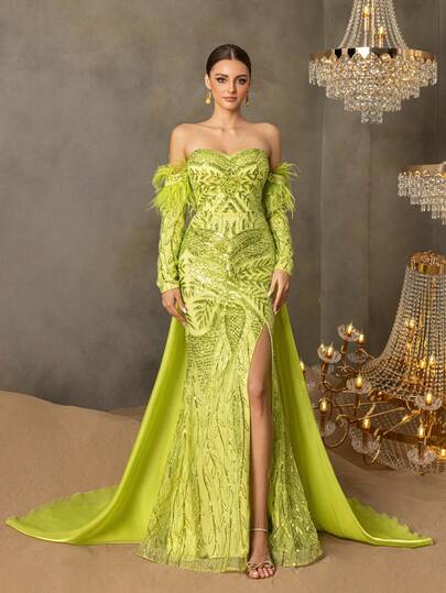 Faeriesty Luxury Off-Shoulder Evening Gown With Long Sleeves & Intricate Embroidered Sequin Detailing – Rear Tie-Up Closure, Thigh-High Slit, Dramatic Fishtail Hem Floor-Length Dress For Black-Tie Galas, Formal Weddings, Red Carpet Events, Charity Balls, Award Ceremonies