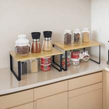 櫥櫃整理架，2入組廚房櫃檯架，廚房儲物架，香料架，可堆疊，可延伸，金屬和人造木材，墨黑色和米色天然色 - burlywood - 查看 4