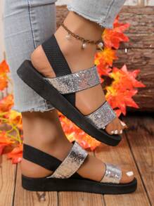 Glitter Women's Minimalist Double Strap Slingback Wedge Sandals, Ladies Black Flat Sandals For Summer, Comfortable Beach Resort Vacation Shoes