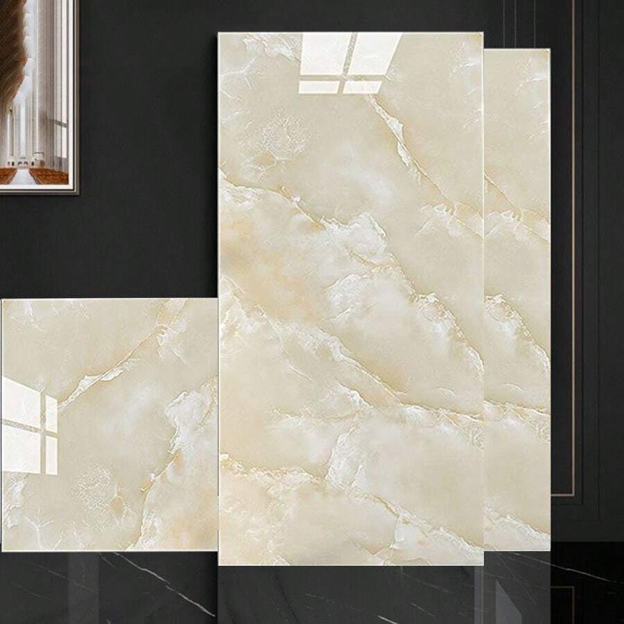 10/20/30pcs Yellow Marble Design Ceramic Tile Stickers, Waterproof Wall Decals For Kitchen, Bathroom, Bedroom Renovation - Yellow - View 1