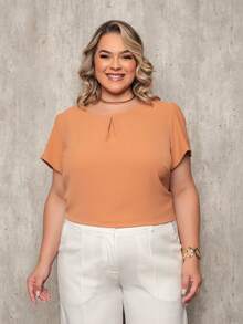 ONLYONE - PLUS SIZE WOMEN'S BLOUSE, SHORT SLEEVE, PRINCESS, PLEATED NECKLINE, LIGHT DUNES - ELEGANT WOMEN'S BLOUSES, LARGE - Mocha Brown - View 4