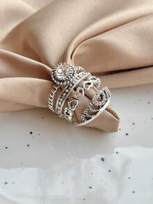4 Pieces/Set Metal Material With Rhinestones Aged Silver Plated Women Ring Set - AN8202 8-8 - Xem 5