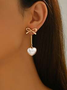 1 Pair New Elegant Women's Earrings, Fashion Golden Geometric Heart Faux Pearl Bow Pendant Mixed Design Earrings, Suitable For Daily, Festivals, All Seasons, High-End Gift