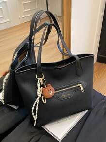 1 pezzo Borsa a tracolla tote di grande capacità, minimalista, borsa da scuola/viaggio casual con cerniera e decorazione a pendente a cartone animato