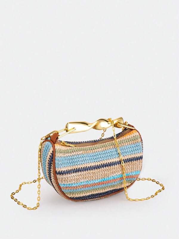 Bolsa de Estilo de Férias Moda Luxo Silencioso, Estilo Dumplings, Estampa de Listras Multicoloridas de Material de Palha, Design de Borda da Bolsa em Marrom Contrastante, Hardware em Espiral Metálico, Fecho de Zíper com Corrente Metálica, Própria para Carregar Telefone, Carteira, Etc., Adequado para Uso Diário, Passeios, Praia e Outras Ocasiões