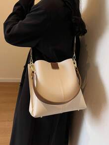 女士大容量托特包，时尚新款纯色高端休闲通勤斜挎单肩包 - 白色 - 查看 4