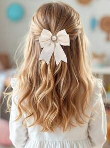 2 piezas Pinzas para el cabello con lazo en beige para niñas, decoradas con encaje, perlas y rhinestone, accesorios para el cabello de moda para uso diario de niñas