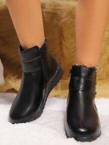 Autumn/Winter Thermal-Lined Short Boots, Anti-Slip Mom Shoes, Black Flat/Chunky Heel Short Ankle Boots, Warm