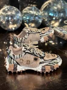 Zapatos deportivos de mujer decorados con cristales y piedras preciosas brillantes para otoño/invierno, zapatillas informales con plataforma de moda, zapatos planos cómodos y multifuncionales con cordones blancos, tallas grandes - Caqui - Ver 5