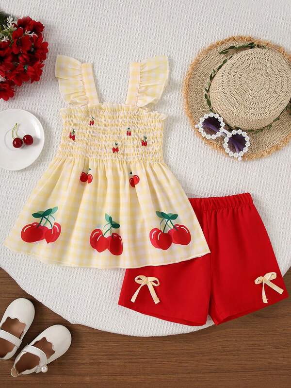 2pcs/Set Young Girls Casual Bowknot Cherry Plaid Print Top And Shorts Set, Soft & Comfortable Woven Fabric, Suitable For Outdoor Spring/Summer Wear