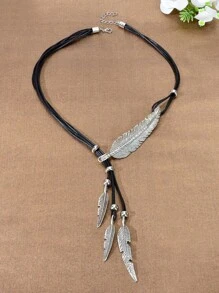 1pc Western Bohemian Black PU Rope Handmade Antique Silver Feather Pendant Necklace Women Holiday Jewelry