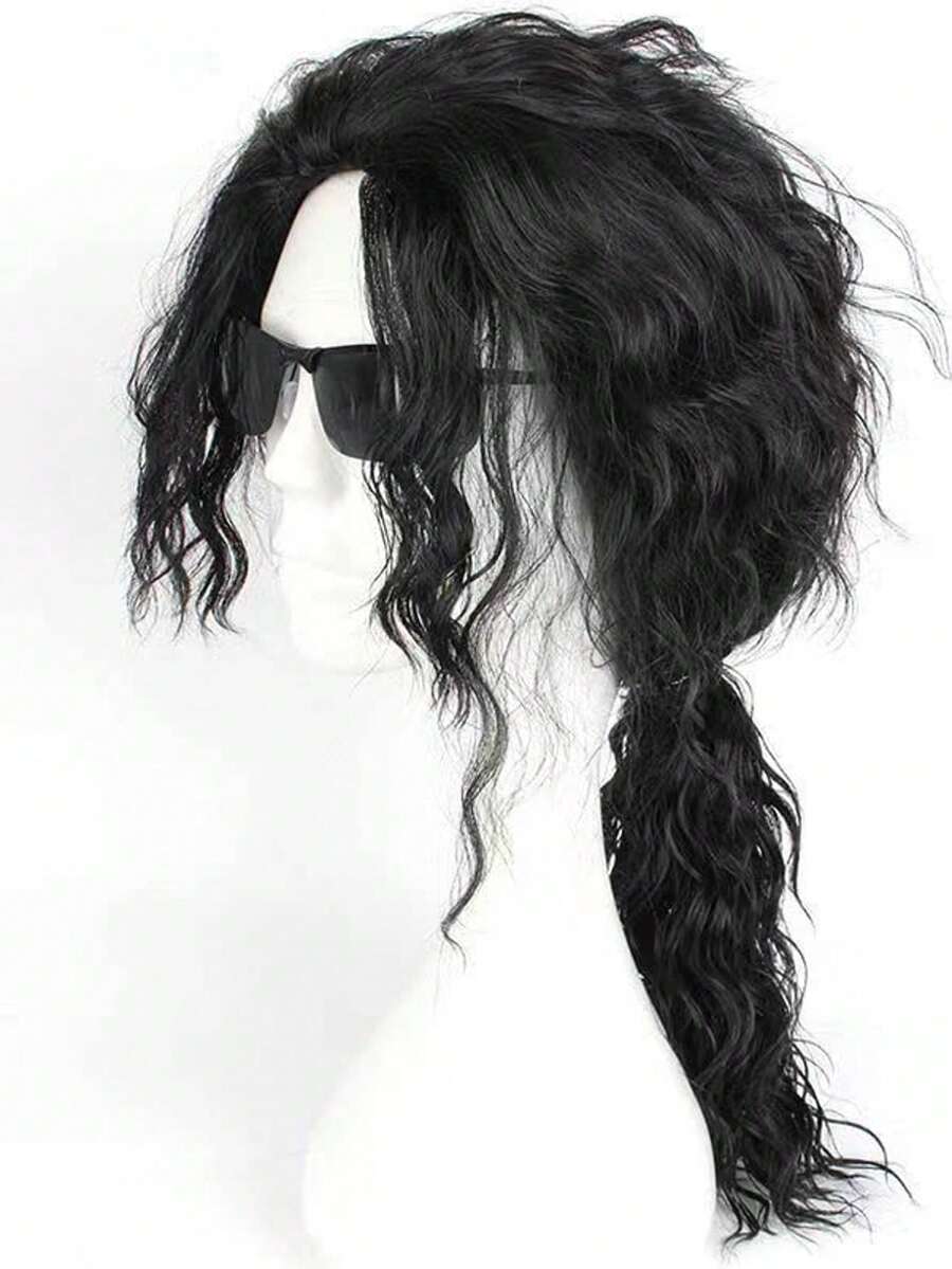 70s, 80s Rock Style Men's Wig - Cool And Handsome Curly Synthetic Fiber Wig, Fiber Material, Perfect For Cosplay, Party, Daily Wear And Halloween Events - Natural Black - View 1