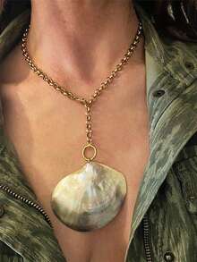 1pc Necklace With Natural Abalone Shell Pendant On Stainless Steel Gold O-Chain, Women's Fashion Bohemian Beach Jewelry