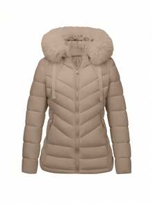 女士休闲连帽加厚夹克，带口袋，轻盈保暖加厚外套，适合日常穿着 - 杏色 - 查看 6