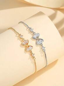 1pc Women's Fashion Bow Bracelet Versatile Gold-Plated Zirconia Zipper Jewelry, Suitable For Daily Holiday Gift