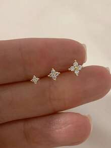 6 件金色 3-5 毫米 CZ 方晶锆石耳钉套装，百搭珠宝配饰，适合女性日常佩戴 - 花朵耳環套裝 - 查看 2