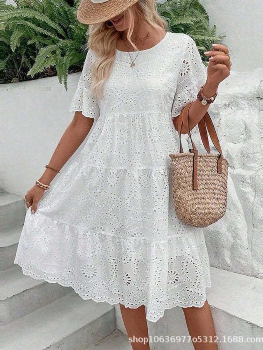 Women's Elegant Embroidered Lace Dress, Loose And Comfortable, Round Neck, Midi Skirt, Suitable For Daily Casual Outings - 白色 - 查看 1