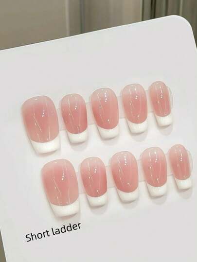 10 Peças de Unhas Postiças Curtas Trapezoidais para Damas e Meninas, Pintadas à Mão em Rosa com Acabamento Branco Clássico Francês Simples, de Ótima Qualidade, para Uso Diário em Todas as Estações, Colecionáveis como Presente, Unhas Adesivas, Suprimentos de Unhas