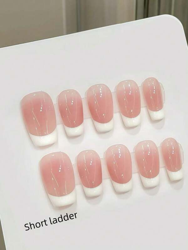 10 Pieces Of Hand-Painted Pink Smudging Classic French White Trim Simple Quality Wear Nail Four Seasons Daily Short Trapezoid Ladies Girls Fake Nail Nail Diy Collector As A Gift