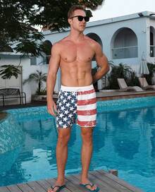Mens Swim Trunks With Compression Lined Short Bathing Suits For Men 5 Inch Inseam Liner Men's Swimming Trunk - Stripe Flag - View 5