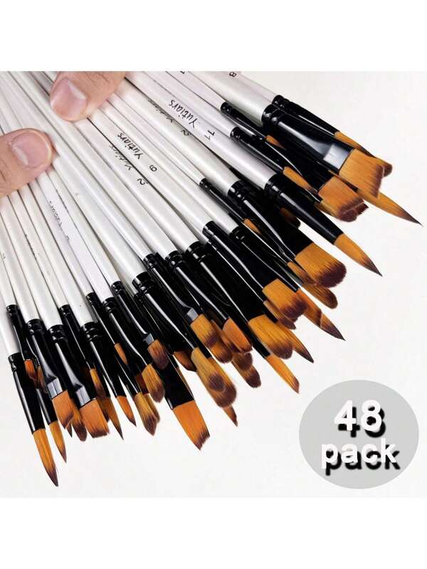 Professional Artist Brush Set Of 48, With High-Quality Wooden Handles And Nylon Bristles - Includes Round, Hazelnut Shape, Flat, Angular Tips, Suitable For Acrylic, Watercolor, Oil Painting, Crafts - Perfect For Artists And Enthusiasts, Art Supplies