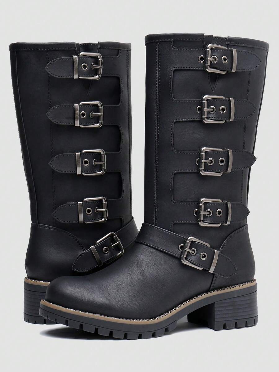 GLOBALWIN Chunky Mid Calf Fashion Dressy Motocycle Biker Military Style Combat Boots For Women Low Heel Fall Boots Halloween Season - 黑色 - 查看 1