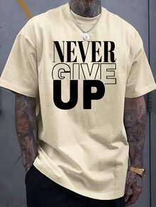 Men's "Never Give Up" Pattern T-Shirt - Cotton, Soft And Comfortable, Red Bold Black Letter Print, Casual Summer Outdoor T-Shirt, Perfect Gift For Men, Machine Washable - 杏色 - 查看 1