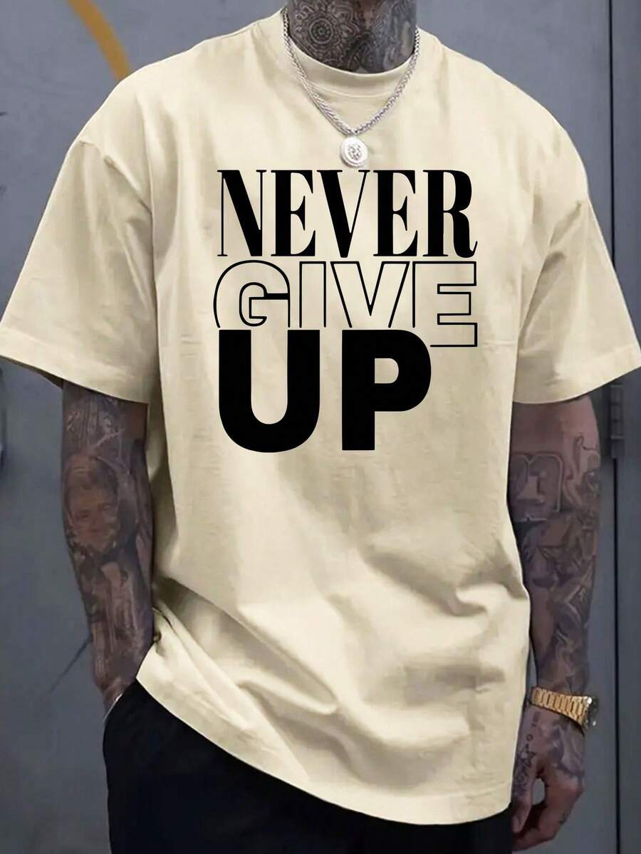 Men's "Never Give Up" Pattern T-Shirt - Cotton, Soft And Comfortable, Red Bold Black Letter Print, Casual Summer Outdoor T-Shirt, Perfect Gift For Men, Machine Washable - 杏色 - 查看 1
