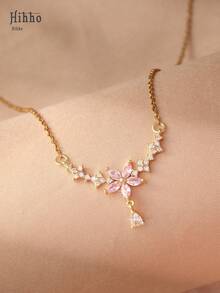 Hihho 1 chiếc vòng cổ hoa, vòng cổ choker thanh lịch và tối giản cho nữ, mặt dây chuyền khảm đá Cubic Zirconia kiểu Pháp hình hoa 5 cánh, thích hợp để đeo hàng ngày, làm quà tặng ngày lễ và hẹn hò, màu hồng - Vàng - Xem 4