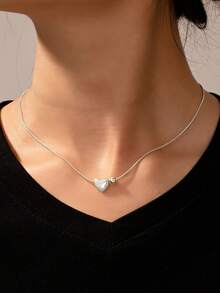 欧美时尚女士天然淡水珍珠吊坠项链，简约独特的办公室配饰 - 愛心銀色 - 查看 2