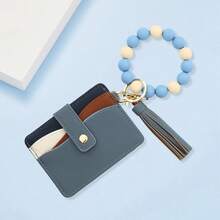 Cartera-llavero con muñequera, pequeño portacrediticordebaja con pulsera, argolla para llaves con borla de cuentas de silicona, versión coreana de alta calidad con articulación dividida, para mujeres - Gris Claro - Ver 4