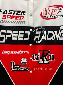 1件棒球领“SPEED RACING”字母印花衬衫，深红色，赛车服，街头服饰，休闲外套，短袖，年轻时尚 - 紅色 - 查看 4