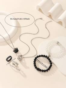 ATLVXJL 6pcs/Set Luminous Couple/Friendship Crown 3D Stainless Steel Chain Glow Magnetic Heart Necklace Bracelet Ring Set, Casual Jewelry Suitable For Daily Wear And Valentine's Day Gift