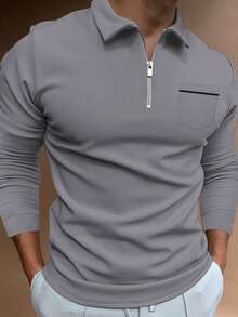 Men's Long-Sleeved Polo Shirt In A Solid Color, Casual And Comfortable, With A Chest Pocket And Zip Fastening, Suitable For Outdoor Wear In Spring And Autumn, Golf, Daily And Casual Wear. - Màu xám đen - Xem 2
