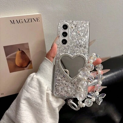 1pc Foldable Phone Case, Shiny Heart Design, Compatible With Samsung Galaxy Z Fold 6 5G, Galaxy Z Fold5, Galaxy Z Fold4, Galaxy Z Fold7, Galaxy Z Flip 6/5/4/3, Galaxy Z Flip7 Smartphone Protective Cover