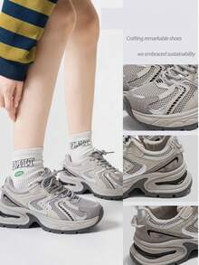 米色运动鞋女鞋2024新款厚底运动鞋女款舒适时尚跑步鞋休闲运动鞋女户外鞋女鞋透气网眼 - 灰色 - 查看 4