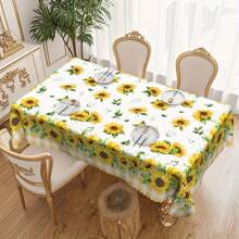 1pc Round & Rectangular Tablecloth - Orange Buffalo Plaid Sunflower & Daisy Floral Pattern, Durable Polyester Woven Fabric, 60x60, 55x70, 60x86 Inch, Spring Summer June Festival Party Picnic Dinner Kitchen Dining Room Indoor Outdoor Decor, Buffalo Plaid Table Decoration, Holiday Dining Table Accessory, Woven Textile