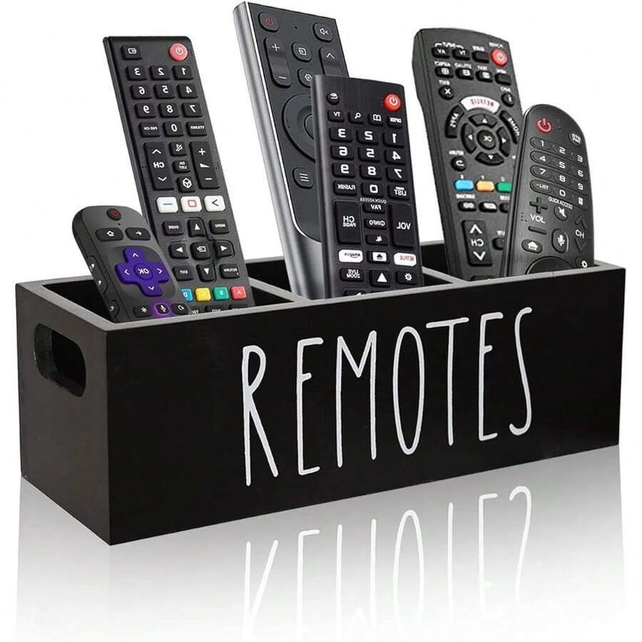 New- Remote Control Holder, Farmhouse Remote Storage Box, Bedside TV Controller Caddy, Rustic Wood Media Anizer Tray For Home Bedroom Table (Black) - Jet Black - View 1